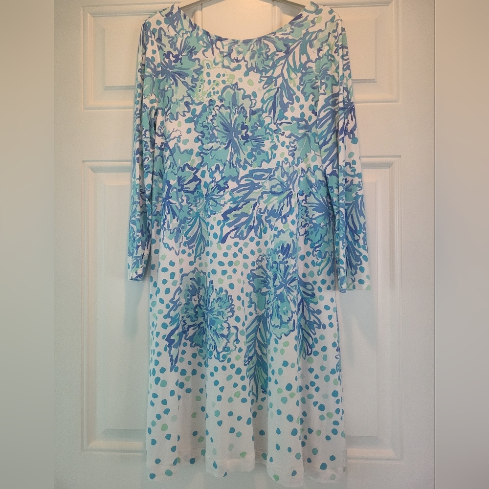 Lilly Pulitzer Long Sleeve Dress in Blue and Green Floral Design.